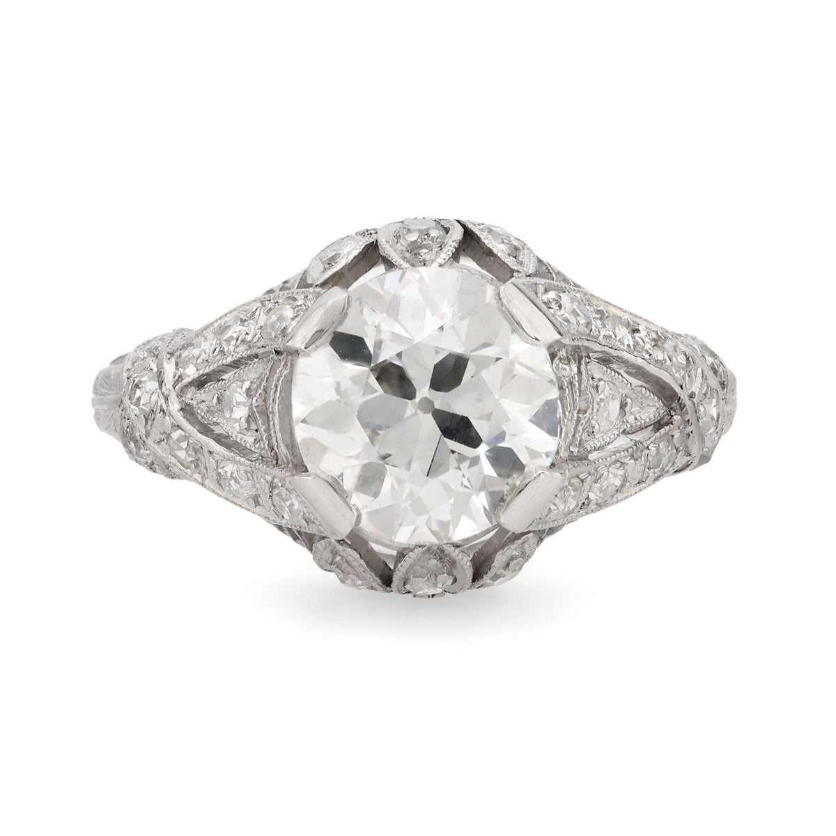 Art Deco GIA 1.67 carat circular brilliant cut diamond platinum filigree ring