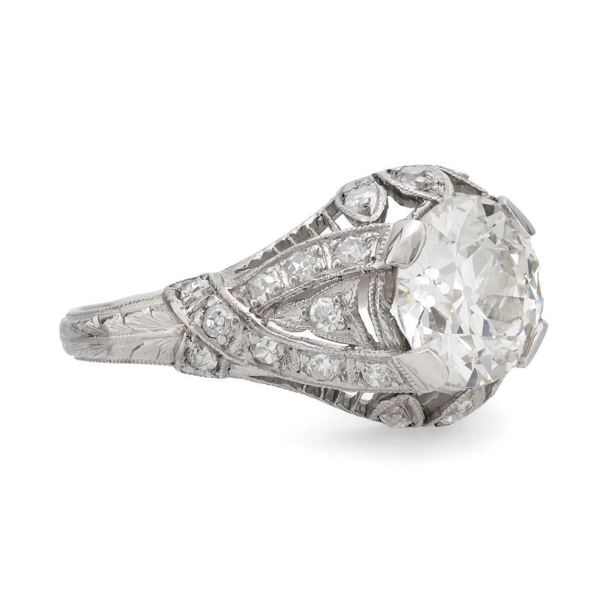 Art Deco GIA 1.67 carat circular brilliant cut diamond platinum filigree ring