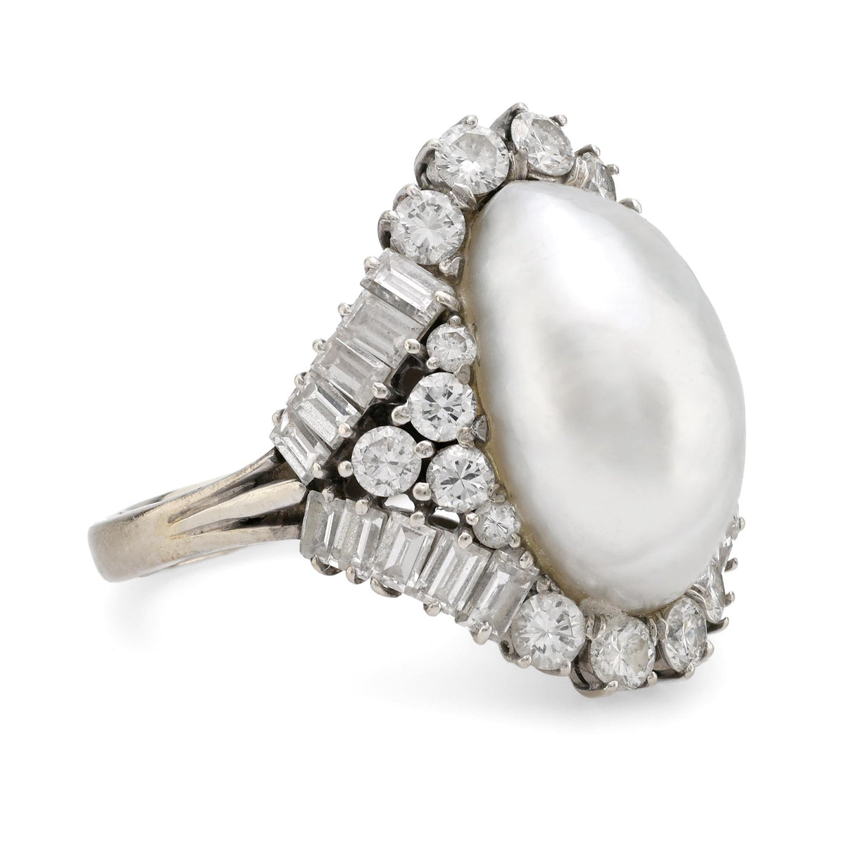 Mid Century pearl diamond 18k white gold cocktail ring