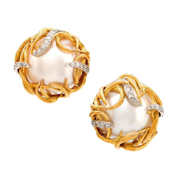 Mid Century Mabé pearl diamond 18k yellow gold clip on earrings