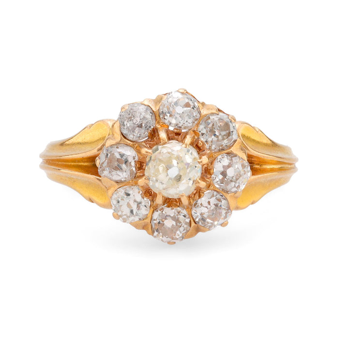 Victorian French diamond 18k yellow gold cluster ring