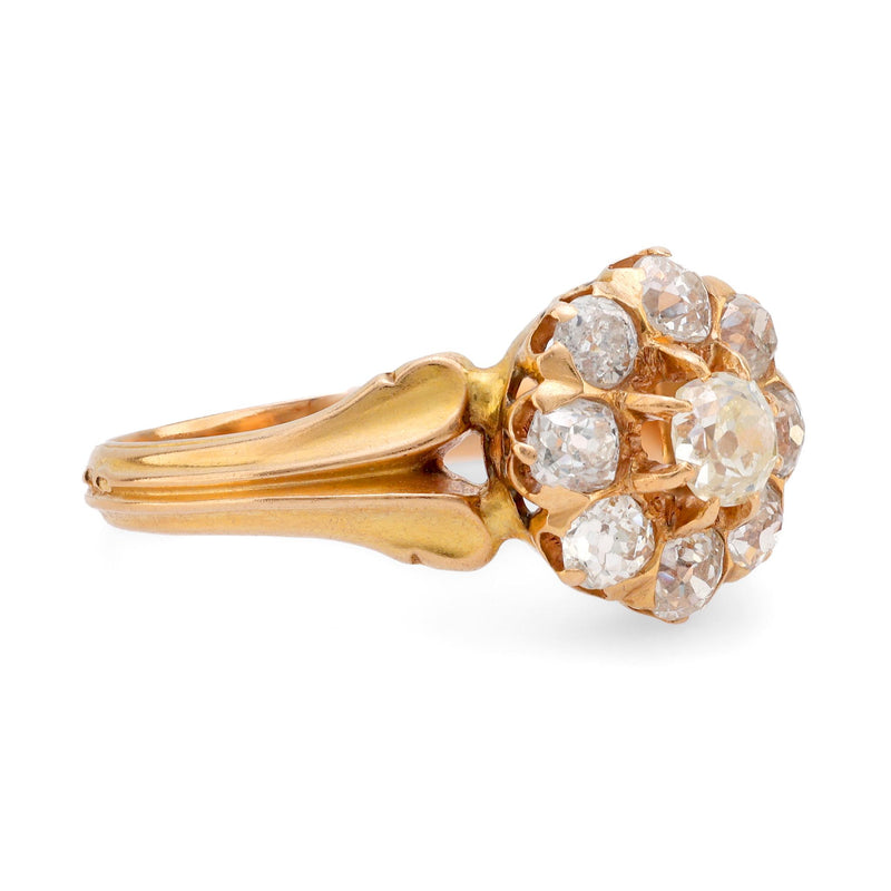 Victorian French diamond 18k yellow gold cluster ring