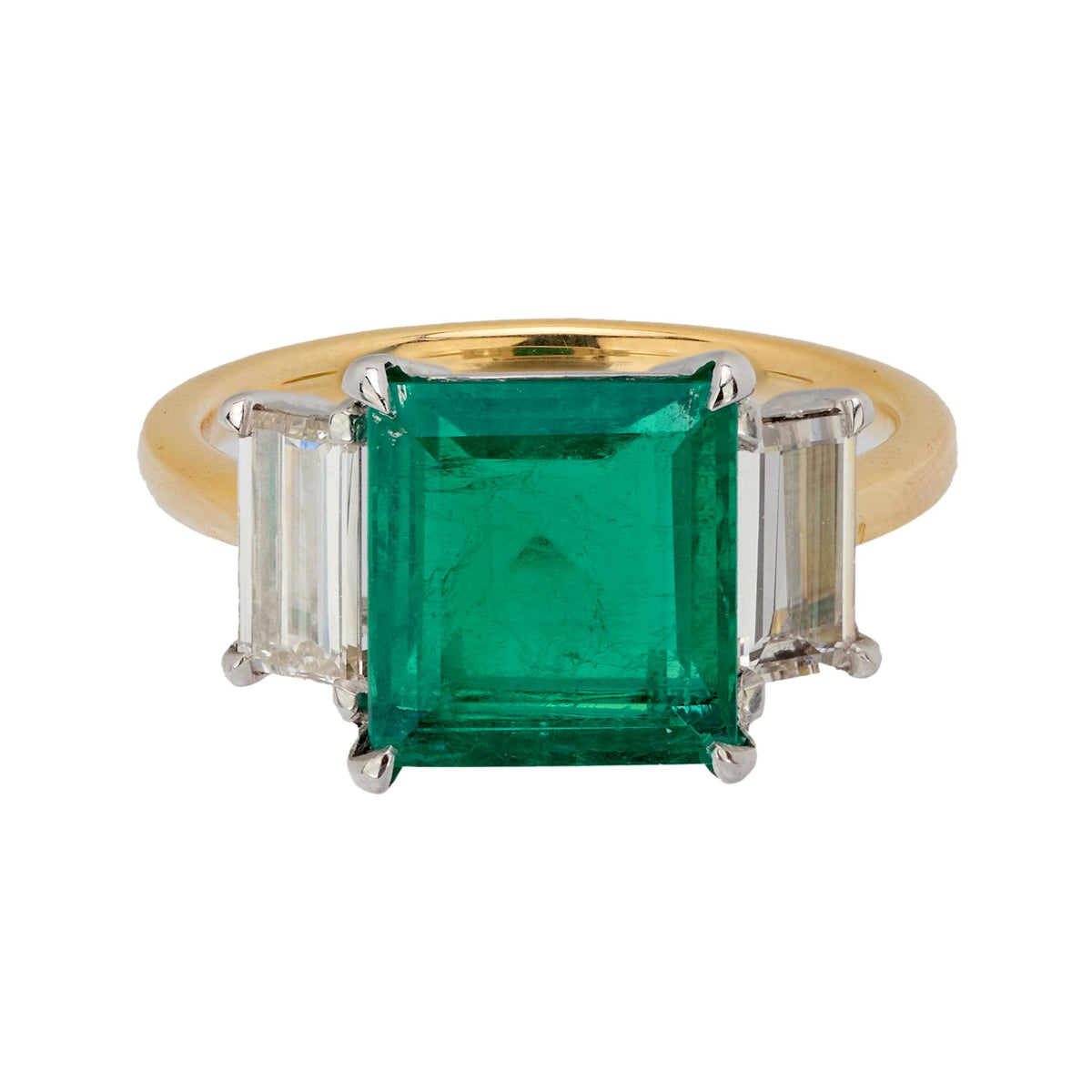 GIA 3.10 carat Colombian emerald diamond 18k yellow gold three stone ring