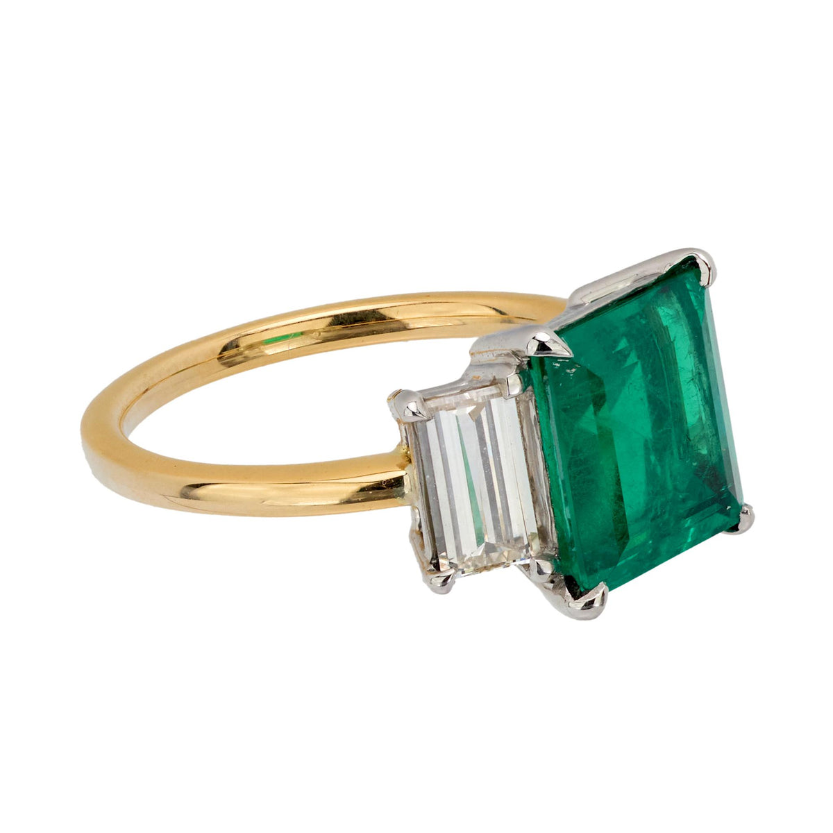 GIA 3.10 carat Colombian emerald diamond 18k yellow gold three stone ring