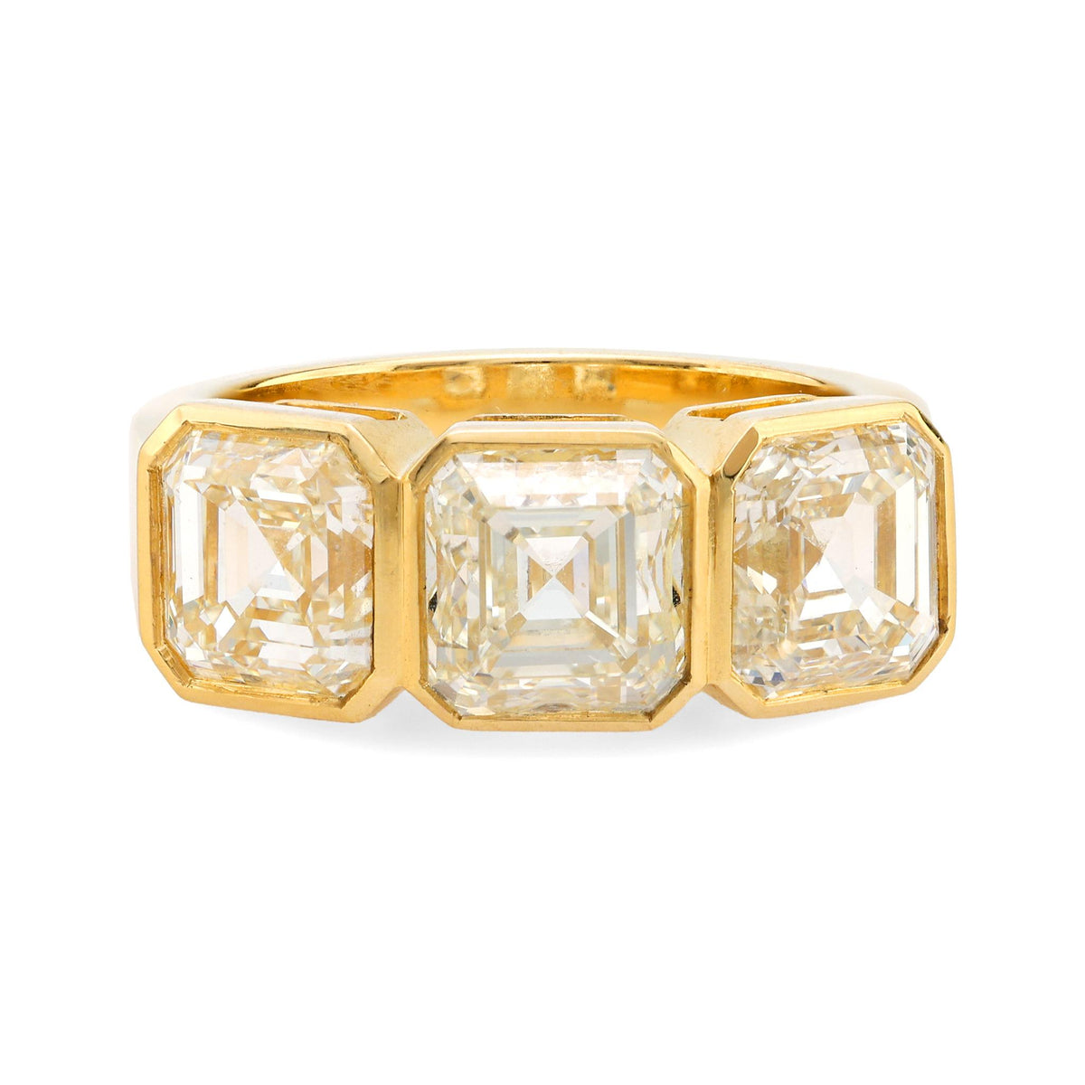 GIA 6.02 carat total weight Asscher cut diamond 18k yellow gold three stone ring