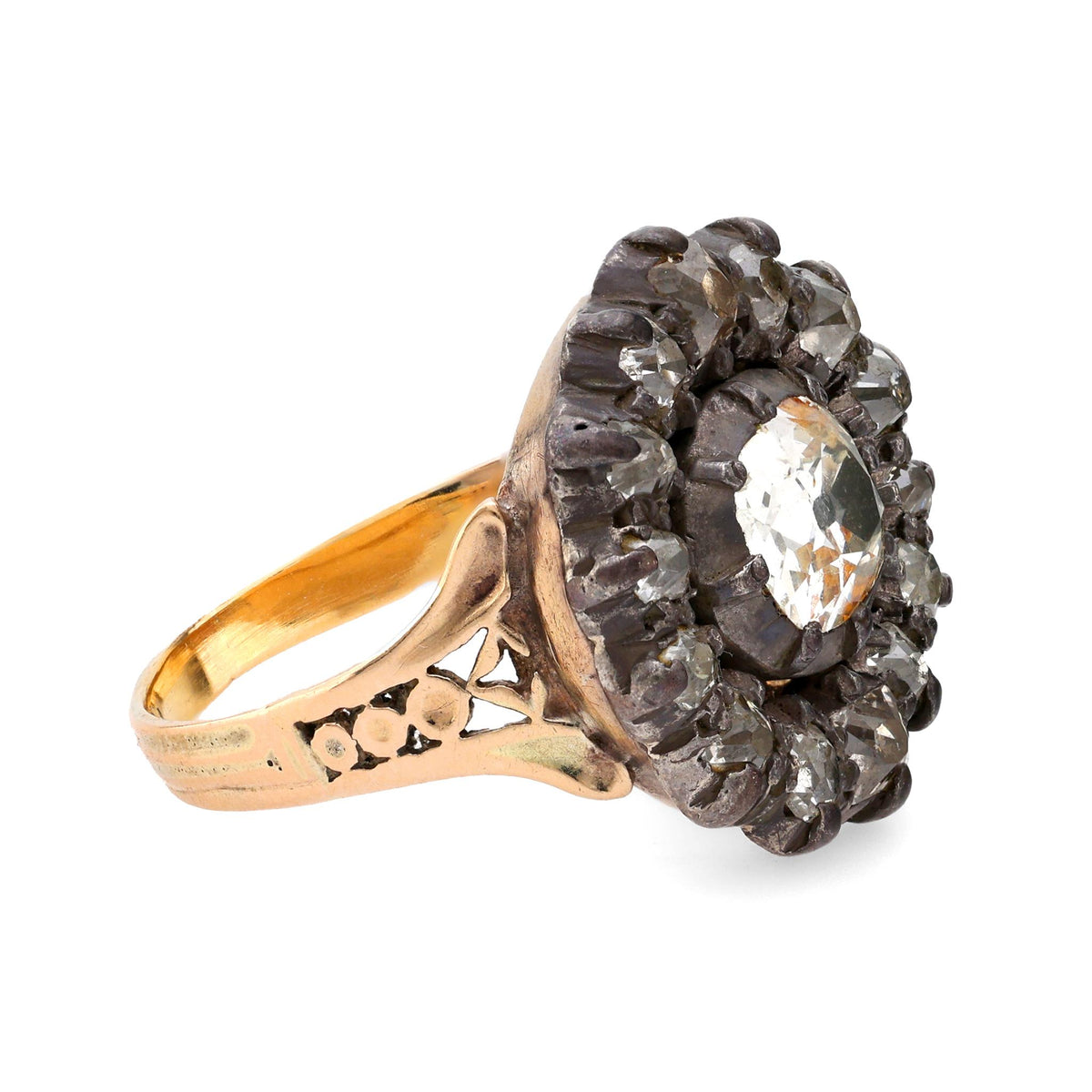 Georgian old cut diamond 14k yellow gold silver cluster ring