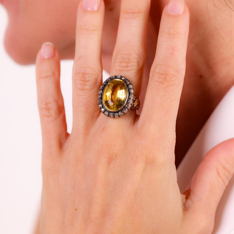 Georgian 8.40 carat citrine diamond 18k yellow gold silver cluster ring