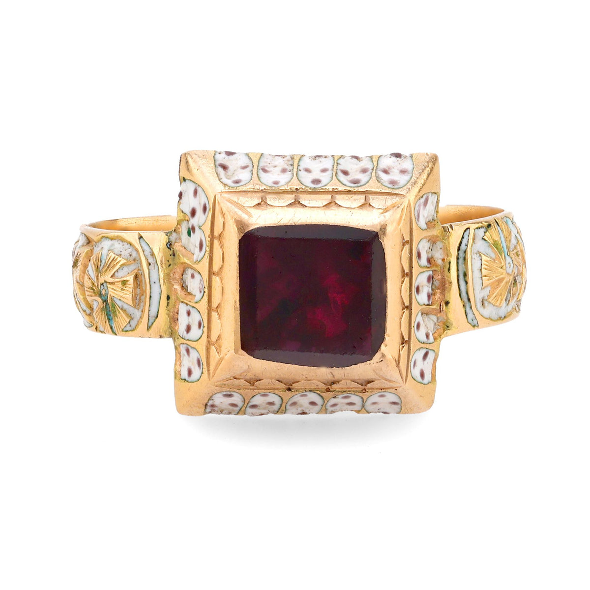 Renaissance revival garnet 14k yellow gold and white enamel solitaire ring