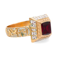 Renaissance revival garnet 14k yellow gold and white enamel solitaire ring