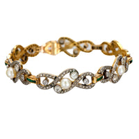 Edwardian French GIA natural saltwater pearl diamond emerald 18k gold bracelet