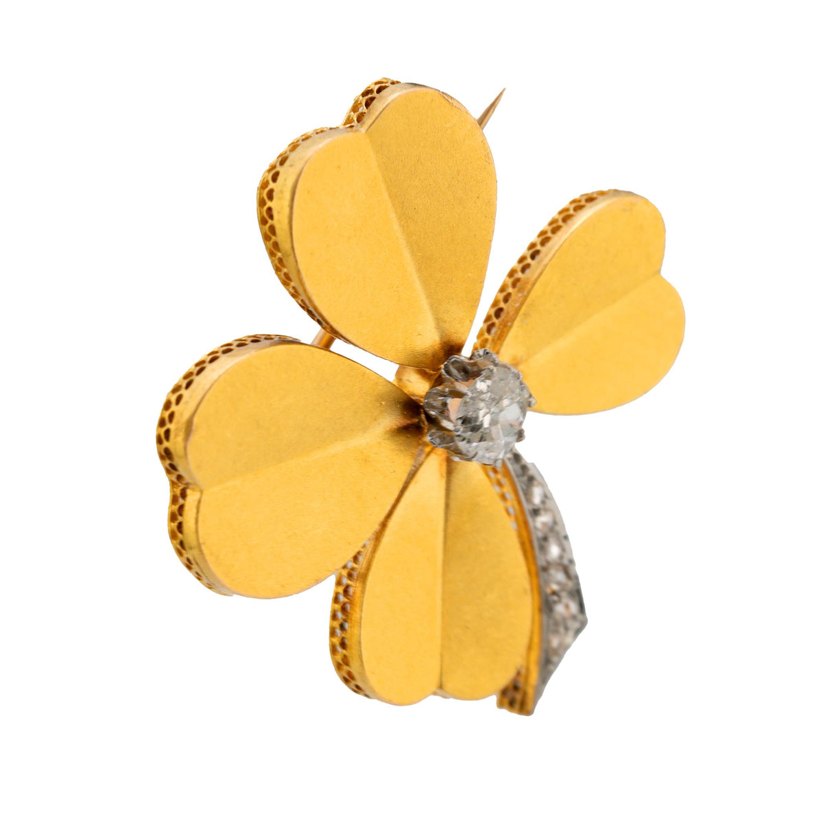 Antique French old cut diamond 18k yellow and platinum clover brooch