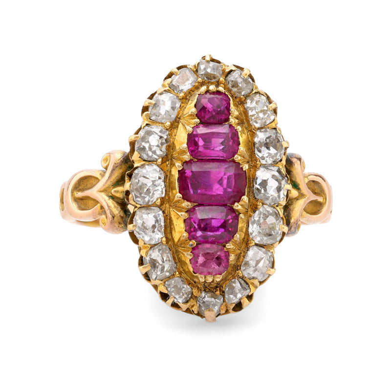 Antique 2.40 carat ruby and diamond 18k yellow gold Navette ring