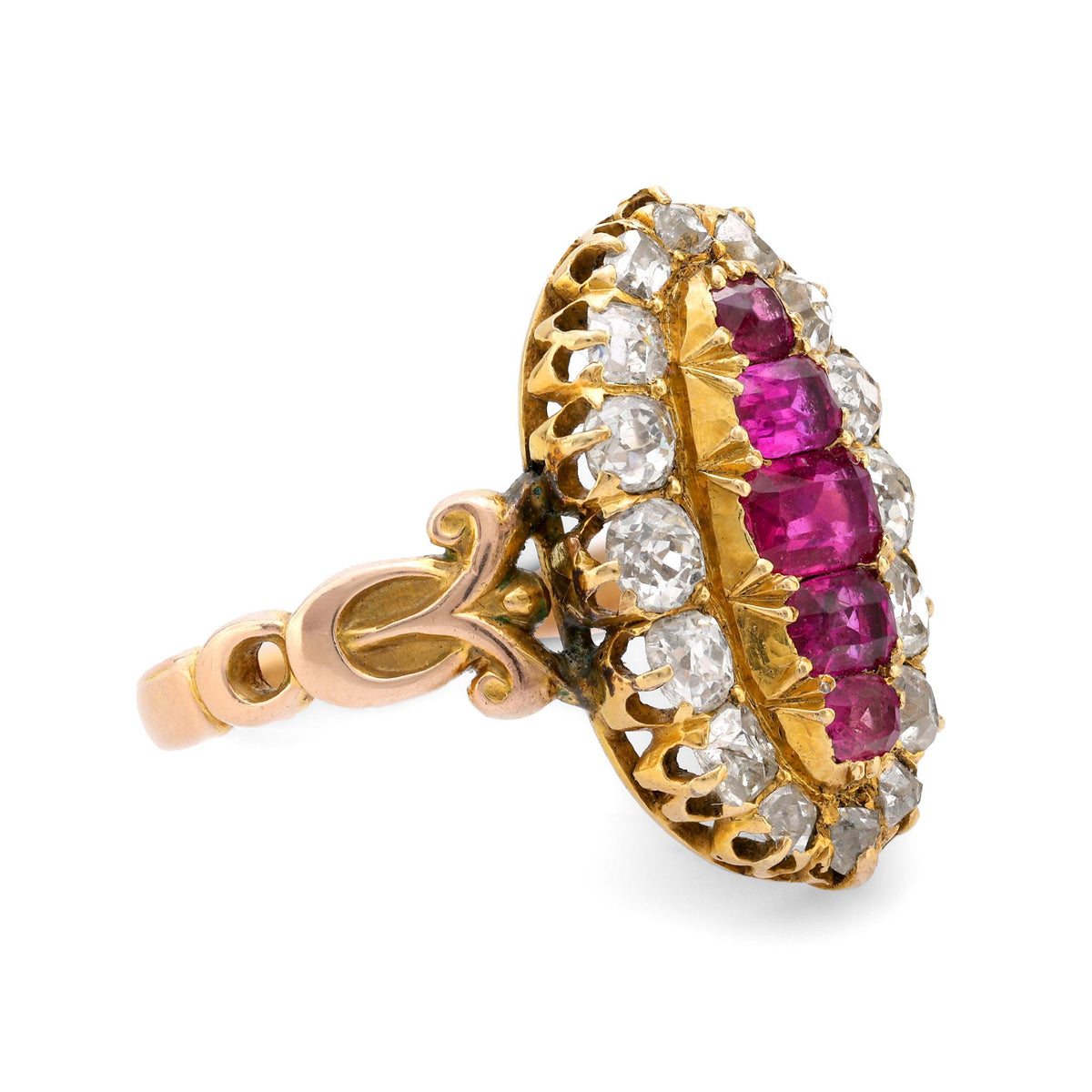 Antique 2.40 carat ruby and diamond 18k yellow gold Navette ring