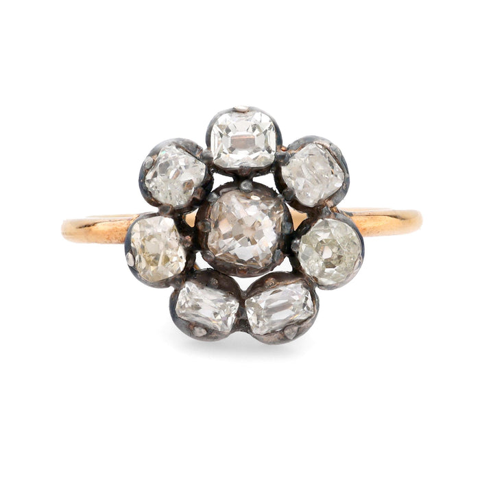 Georgian 2 carat total weight diamond 18k yellow gold silver cluster ring