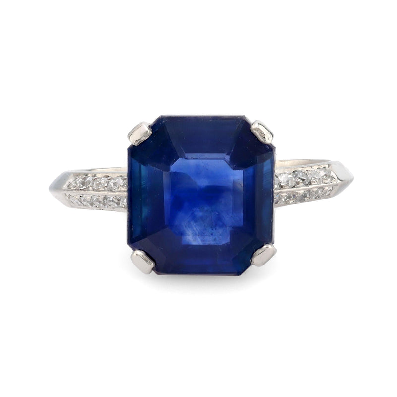 GIA 4.84 carat Asscher cut blue sapphire diamond platinum ring