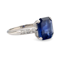 GIA 4.84 carat Asscher cut blue sapphire diamond platinum ring