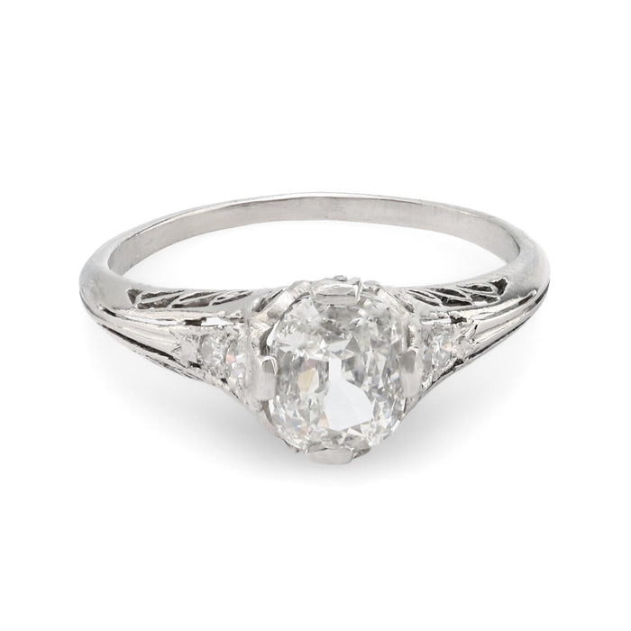 Art Deco GIA .91 carat cushion cut diamond platinum engagement filigree ring