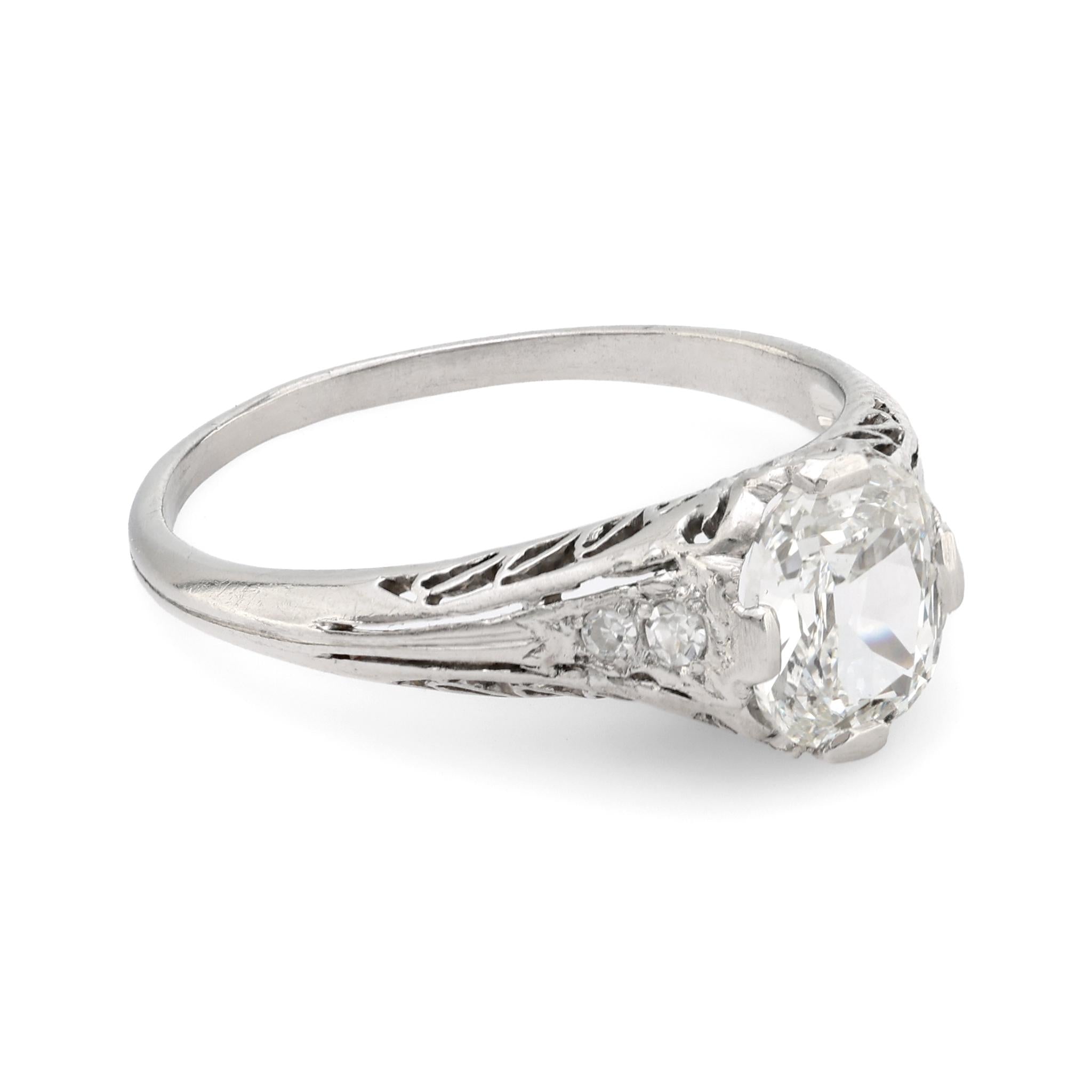 Art Deco GIA .91 carat cushion cut diamond platinum engagement filigree ring