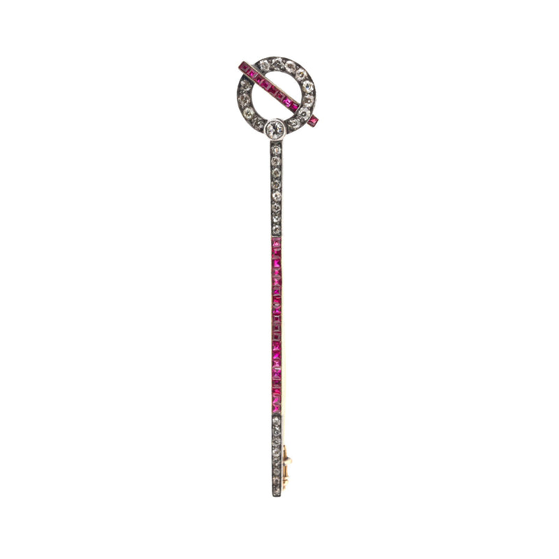 Art Deco 4.20 carat ruby and diamond 14k yellow gold silver stick pin brooch