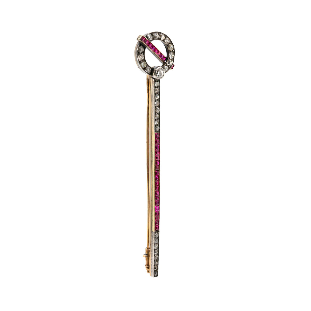 Art Deco 4.20 carat ruby and diamond 14k yellow gold silver stick pin brooch