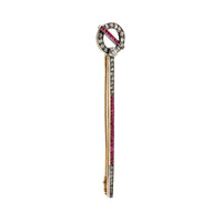 Art Deco 4.20 carat ruby and diamond 14k yellow gold silver stick pin brooch