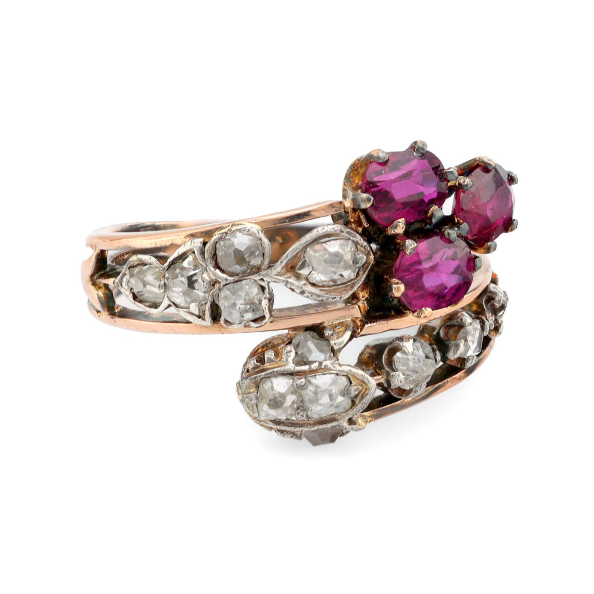 Antique ruby diamond 18k rose gold silver ring