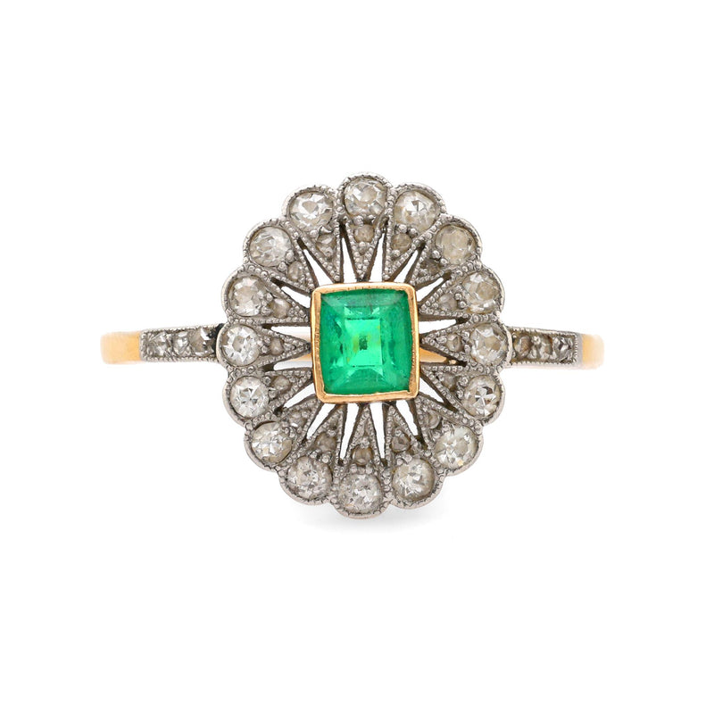 Edwardian emerald diamond 18k yellow gold ring signed Koch