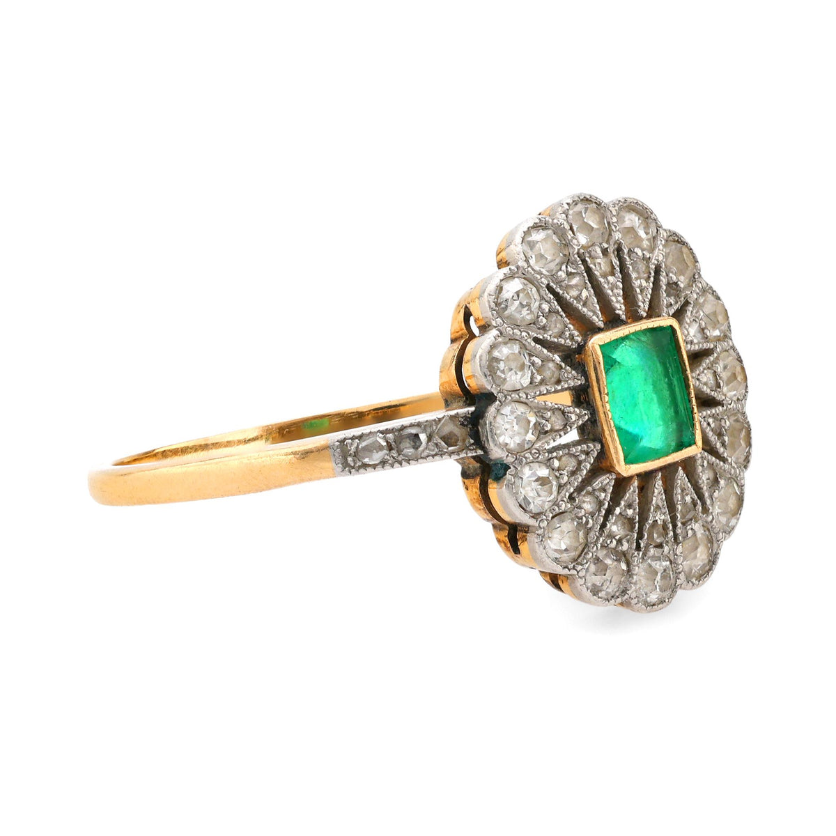 Edwardian emerald diamond 18k yellow gold ring signed Koch