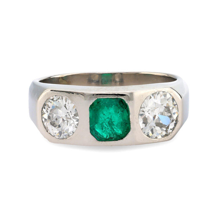 Mid Century French 2.30 carat emerald and diamond platinum three stone band