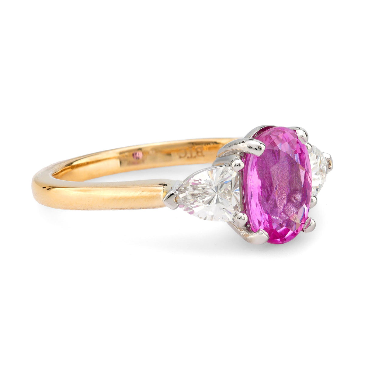 GIA 2 carat pink sapphire diamond 18k yellow gold three stone ring