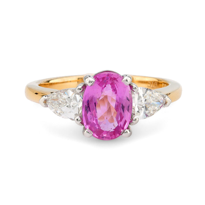 GIA 2 carat pink sapphire diamond 18k yellow gold three stone ring