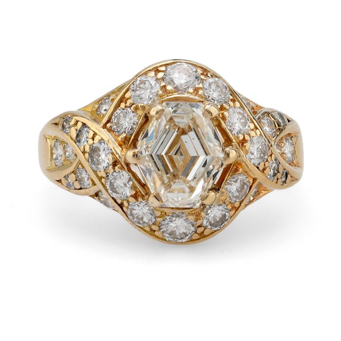 French GIA 1.51 carat hexagonal cut diamond 18k yellow gold ring