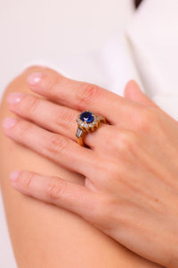 Vintage 2.40 carat sapphire diamond 14k yellow gold cluster ring