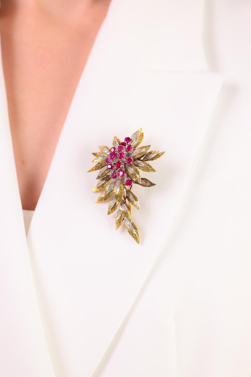 Retro 5 carat ruby diamond 14k gold leaf brooch