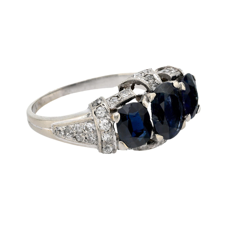 Art Deco 3.20 carat total weight sapphire diamond 14k white gold ring