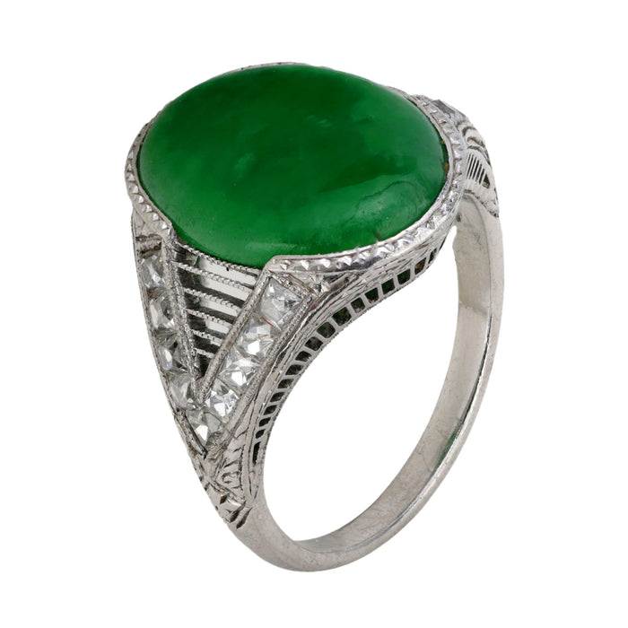 Art Deco GIA 3 carat jade French cut diamond platinum ring