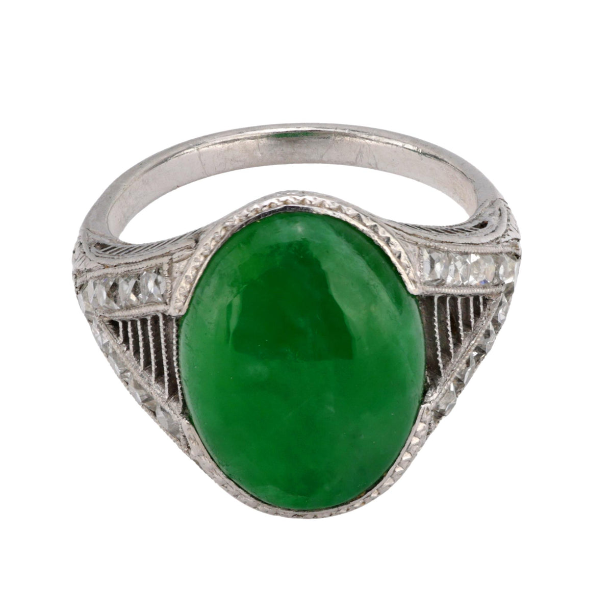 Art Deco GIA 3 carat jade French cut diamond platinum ring