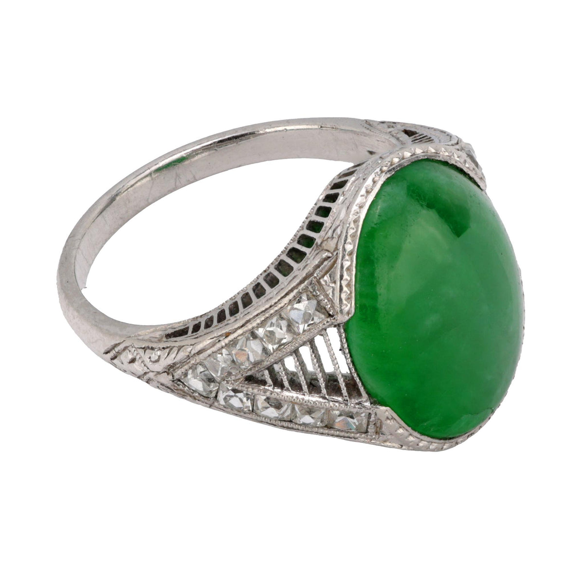 Art Deco GIA 3 carat jade French cut diamond platinum ring