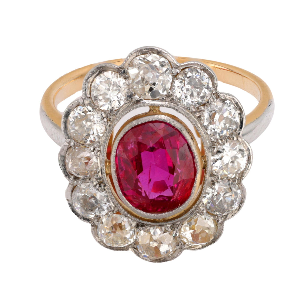 Victorian GIA 1.60 carat Burma no heat ruby diamond cluster ring