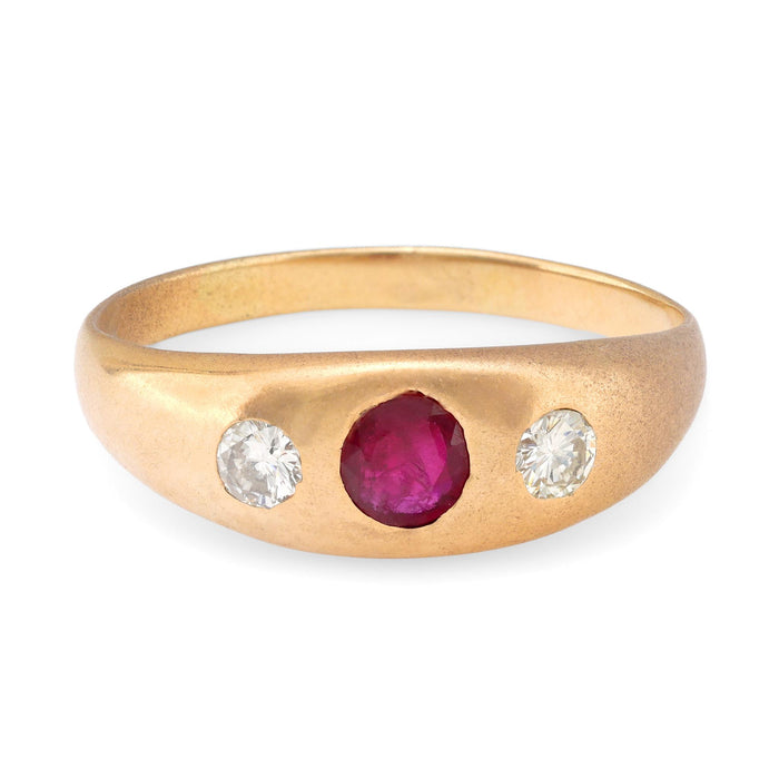 Vintage ruby diamond 14k yellow gold three stone ring