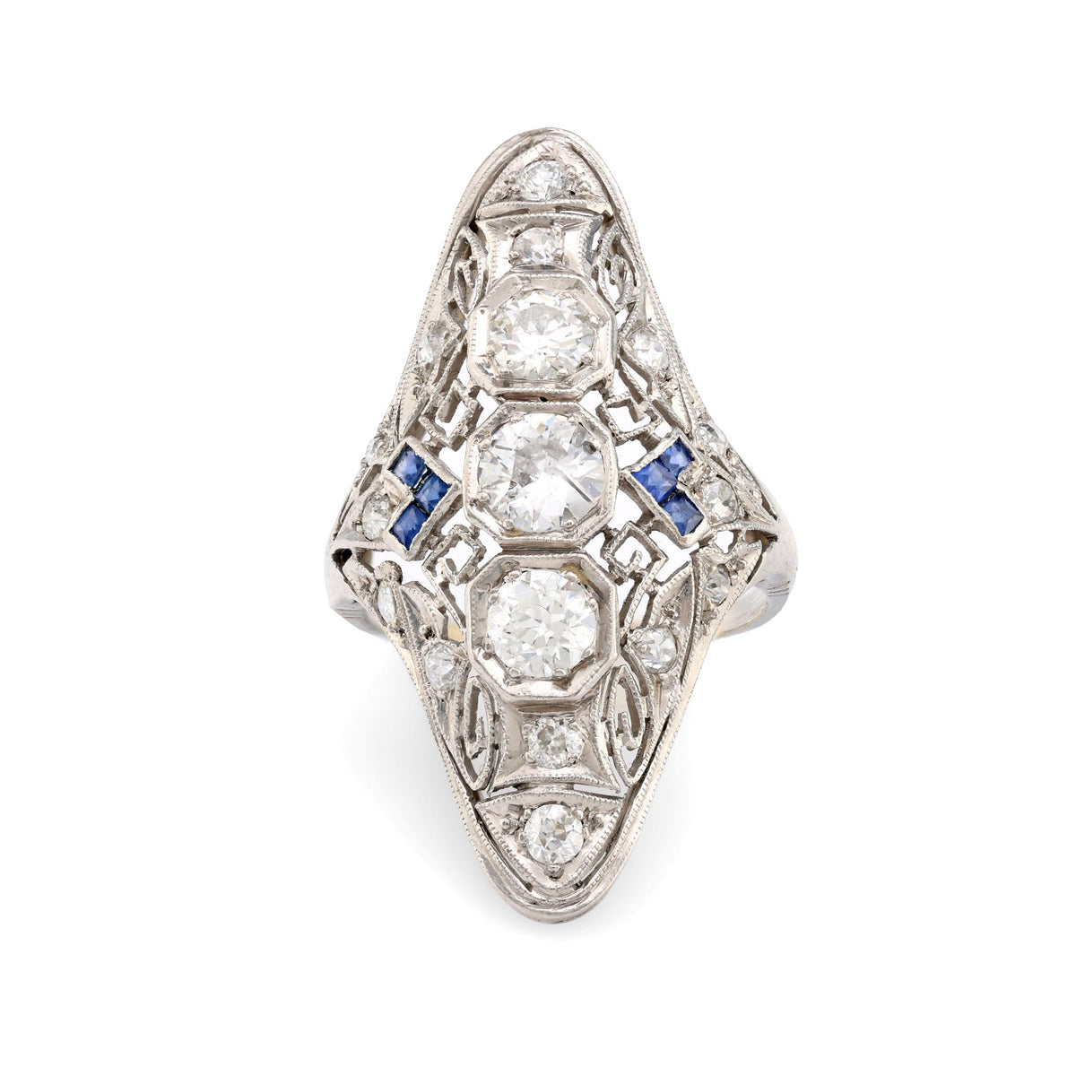 Art Deco 1.5 carat total weight diamond sapphire platinum Navette ring