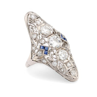 Art Deco 1.5 carat total weight diamond sapphire platinum Navette ring