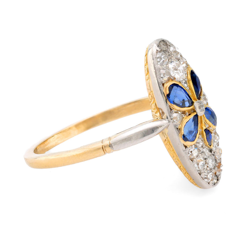 Victorian sapphire diamond 18k gold and platinum navette ring