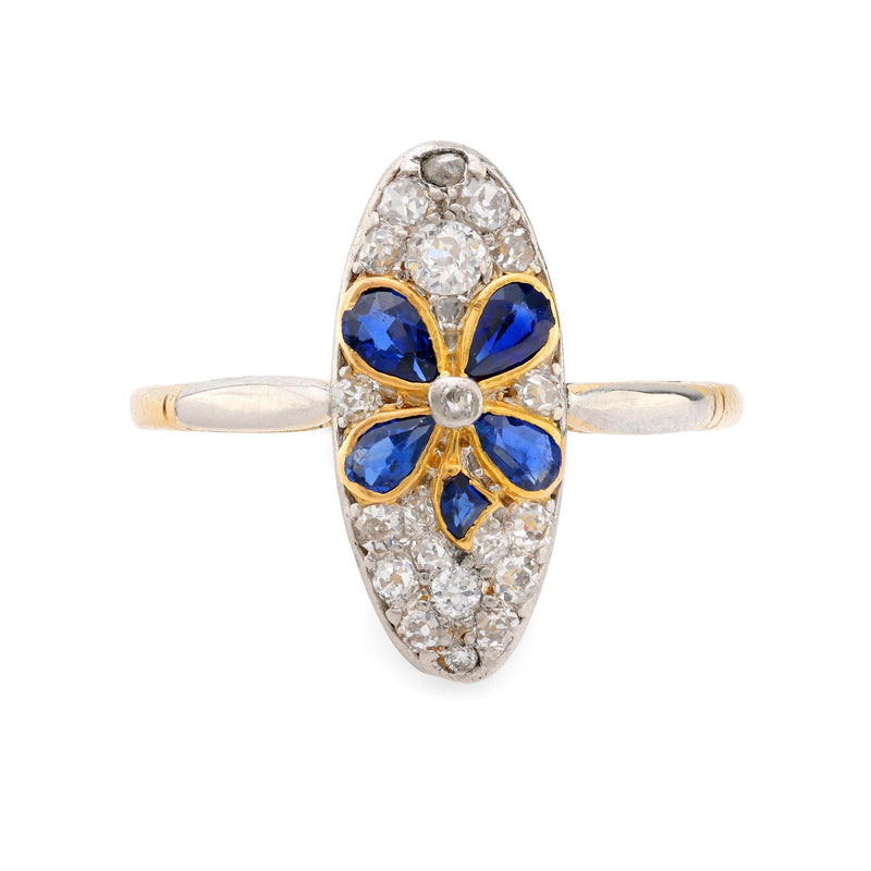 Victorian sapphire diamond 18k gold and platinum navette ring