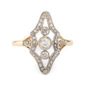 Art Deco 18k yellow gold diamond navette ring