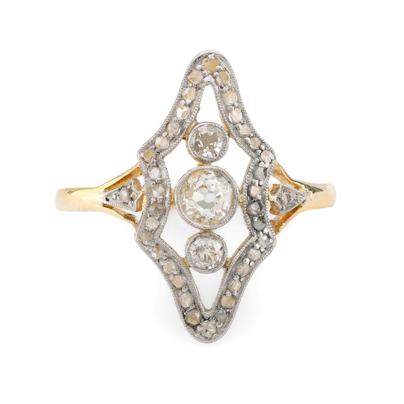 Art Deco 18k yellow gold diamond navette ring