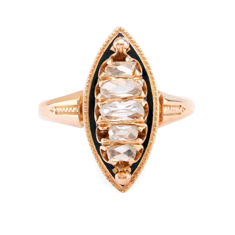 Antique diamond 18k rose gold enamel Navette ring