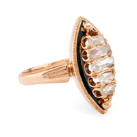 Antique diamond 18k rose gold enamel Navette ring