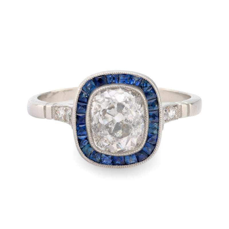 Art Deco style diamond sapphire platinum halo ring