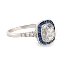 Art Deco style diamond sapphire platinum halo ring